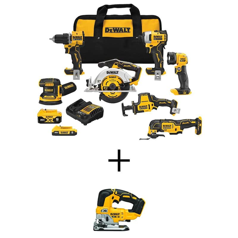 20V MAX Lithium-Ion Cordless 7-Tool Combo Kit and 20V Brushless Jigsaw with 2Ah Battery, 5Ah Battery and Charger