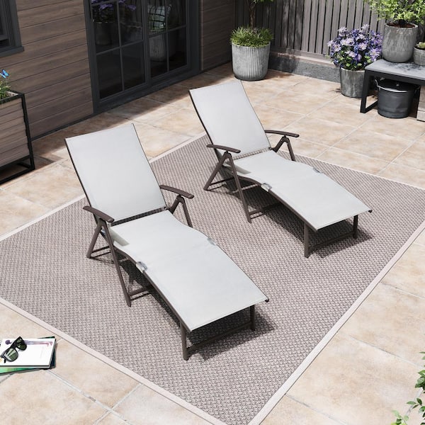 Brown 2-Piece Aluminum Metal Folding Outdoor Chaise Lounge with Adjustable Back in Light Gray