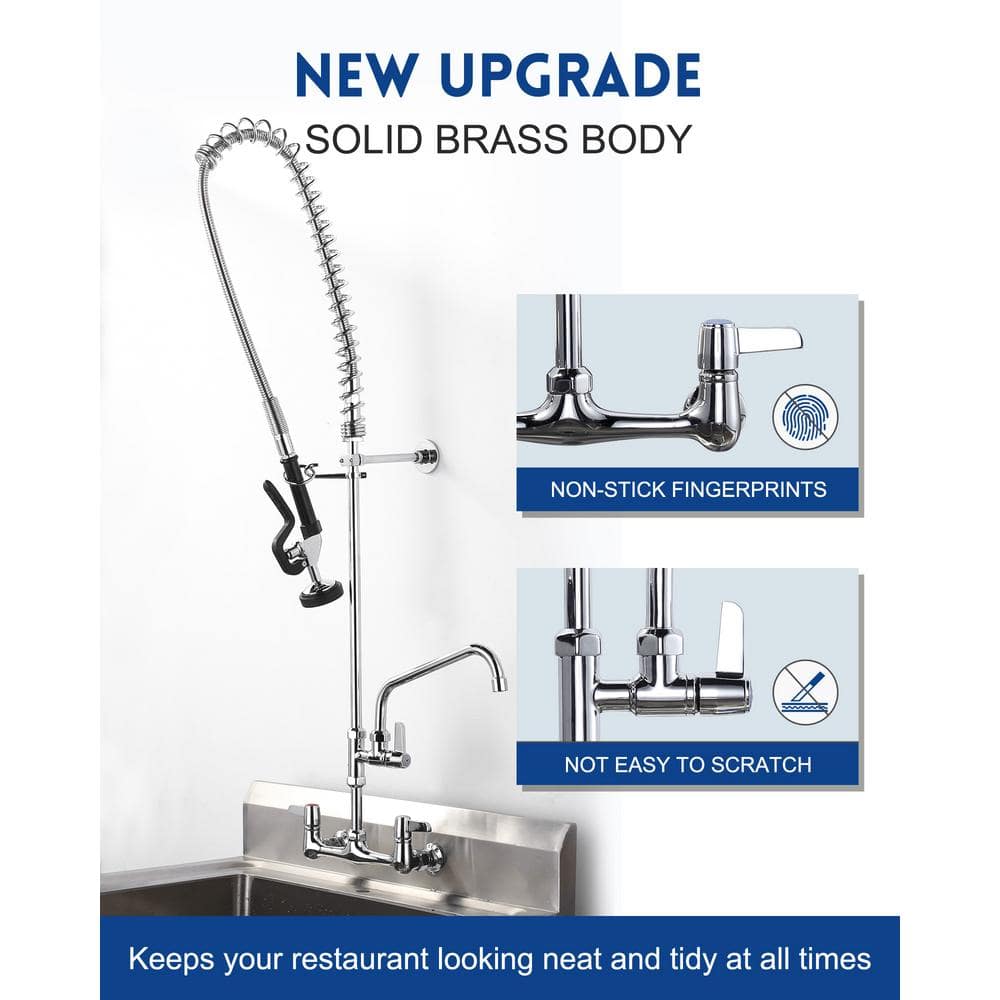 47" Polished Chrome Wall Mount Commercial Kitchen Faucet with Pull-out Spray