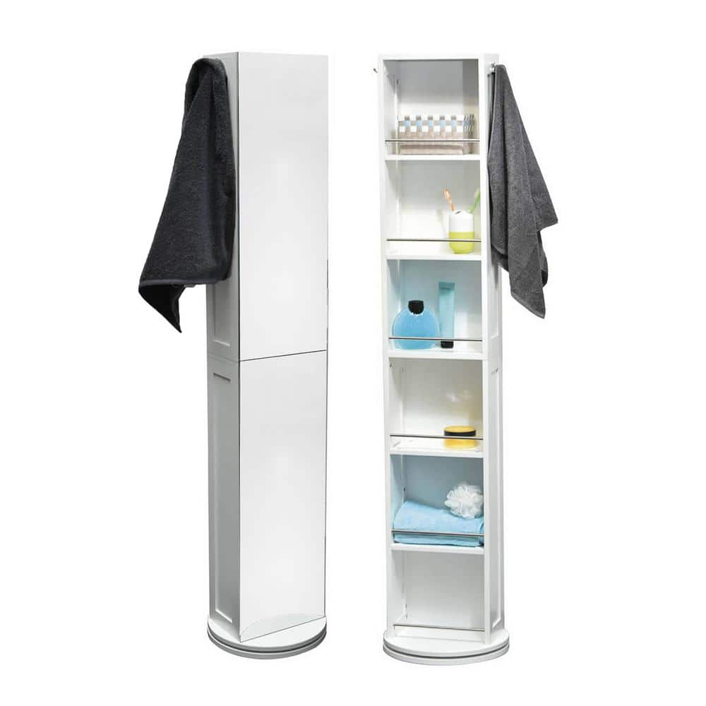 White Rotating Bathroom Storage Cabinet with Full-Length Mirror