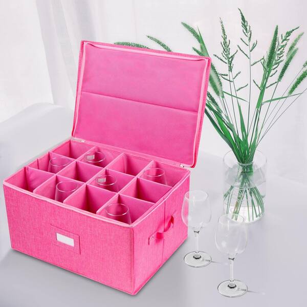 Pink Hard-Sided Stemware Organizer Storage Case Wine Glass Storage for 12 Red White Wine Glasses Crystal Glassware