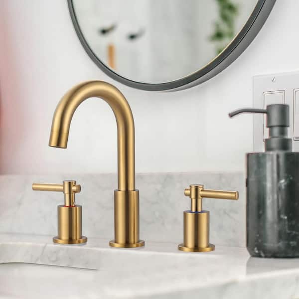 8 in. Widespread Double Handle Bathroom Faucet with Swivel Spout, Pop Up Drain and Supply Lines in Gold