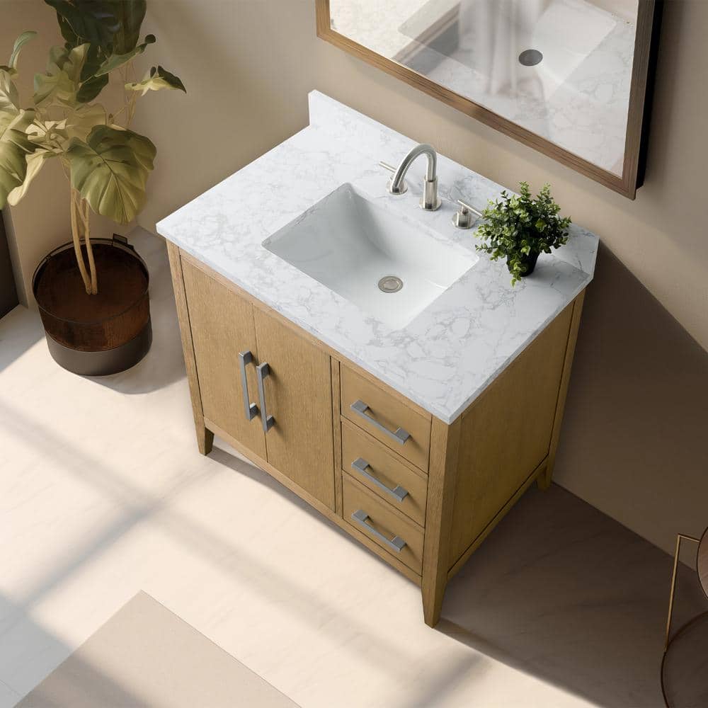Natural Oak 36" Single Bathroom Vanity with Engineered Marble Top