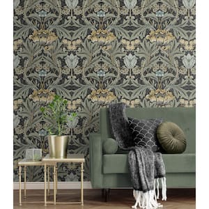 56 sq. ft. Charcoal and Goldenrod Acanthus Floral Pre-Pasted Paper Wallpaper Roll