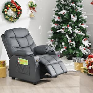 Kids Youth Gray PU Leather Recliner Chair with Cup Holders and Side Pockets