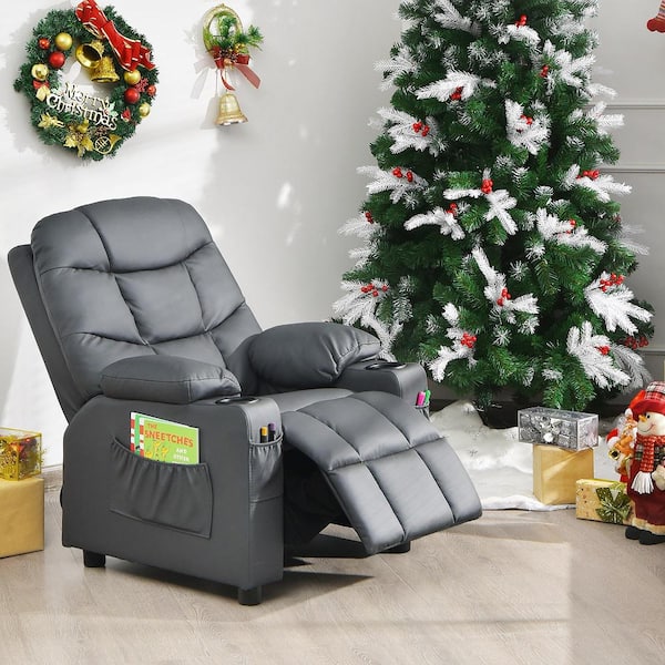 Kids Youth Gray PU Leather Recliner Chair with Cup Holders and Side Pockets
