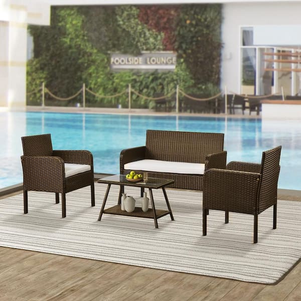 Wateday Brown 4-Piece Wicker Outdoor Patio Conversation Seating Set with Beige Cushions