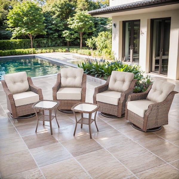 Artisan Brown 6-Piece Wicker Swivel Glider Patio Conversation Set with 6 in. Thick Beige Cushions and Side Tables