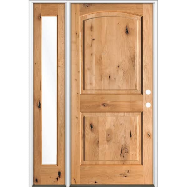 Krosswood Doors 56 in. x 80 in. Knotty Alder 2 Panel Arch-Top Left-Hand/Inswing Clear Glass Cedar Stain Wood Prehung Front Door LFSL