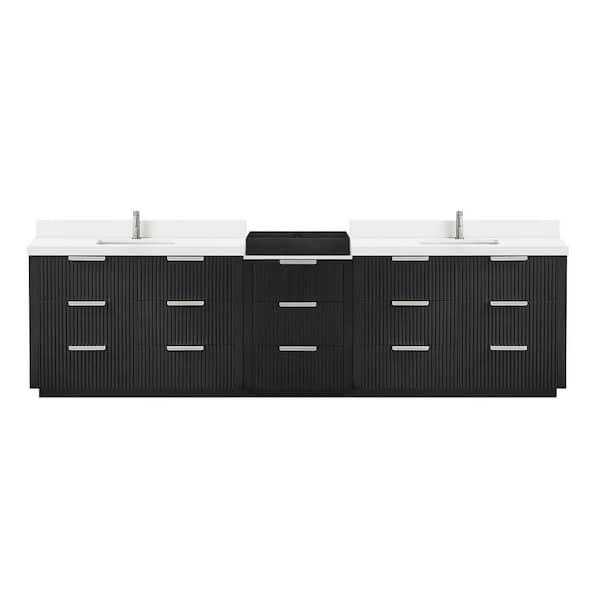 Santarem 120 in. W x 22 in. D x 35.6 in. H Double Sink Bath Vanity in Oak Weathered Black w/ Pure White Quartz Stone Top