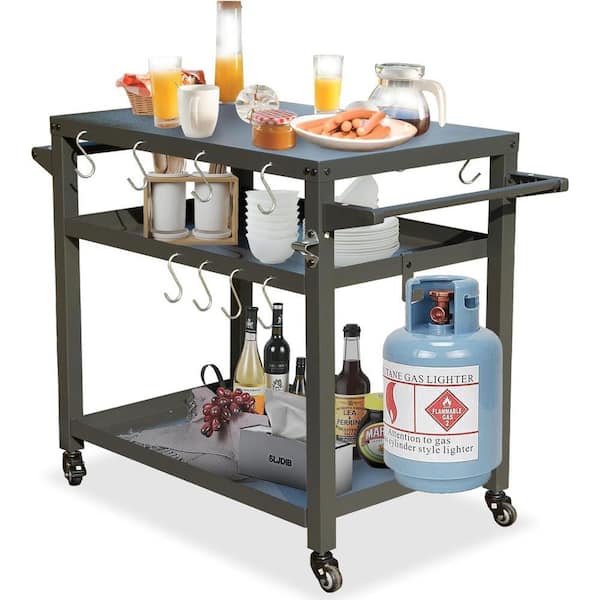 Outdoor Movable Grill Cart Table, Food Prep Table with 3 Storage Shelves, Wheels and Hooks and Stainless Steel Tabletop