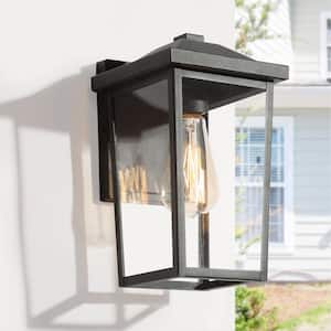 Textured Black 1-Light Modern Lantern Outdoor Sconce Clear Glass Shade Hardwired Weather Resistant Outdoor Wall Light