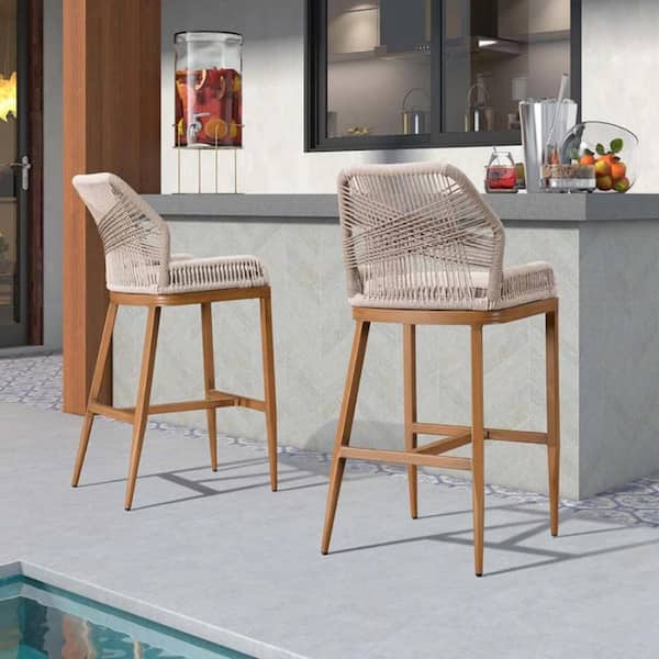 Modern Aluminum Twill Wicker Woven Bar Height Outdoor Bar Stool with Back and Cushion (2-Pack)