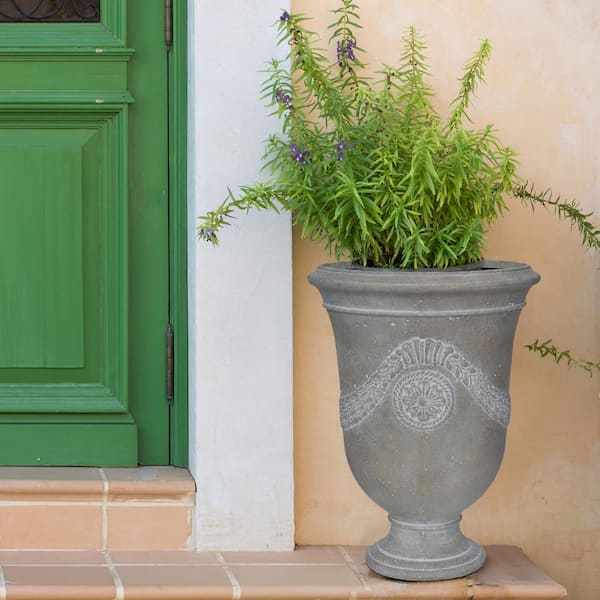 26.5 in. H. Cast Stone Fiberglass Anduze Urn Planter in A White Washed Grey