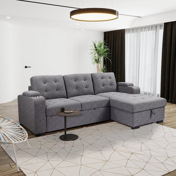 PRIMO INTERNATIONAL Belmont 96 in. Grey 2-piece L Shaped Tufted Sectional Sofa Bed with Storage