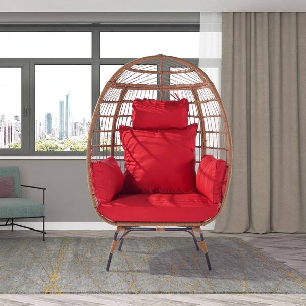 Tenleaf Wood Outdoor Lounge Chair Rattan Egg Swing Chair with Red