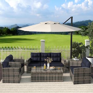 Alpine 6-Piece Rattan Wicker Outdoor Patio Conversation Set with Navy Blue Cushions