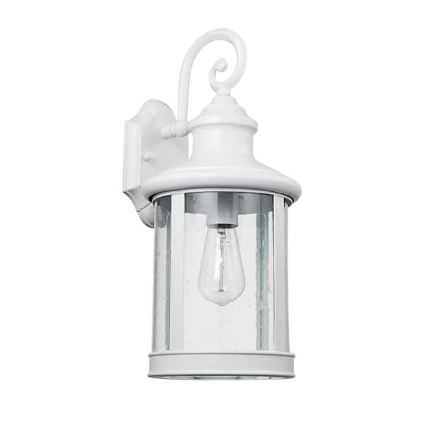 Globe Electric Norman 1-Light White Outdoor Indoor Wall Lantern Sconce with Clear Seeded Glass Shade and Incandescent Bulb Included