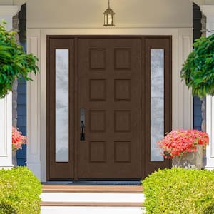 Regency 70 in. x 96 in. 8-Panel RHIS Hickory Stain Mahogany Fiberglass Prehung Front Door with Dbl 12in. Sidelites