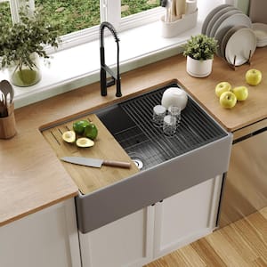 Gray 33 in. Farmhouse Apron Single Bowl Fireclay Workstation Kitchen Sink with Accessories