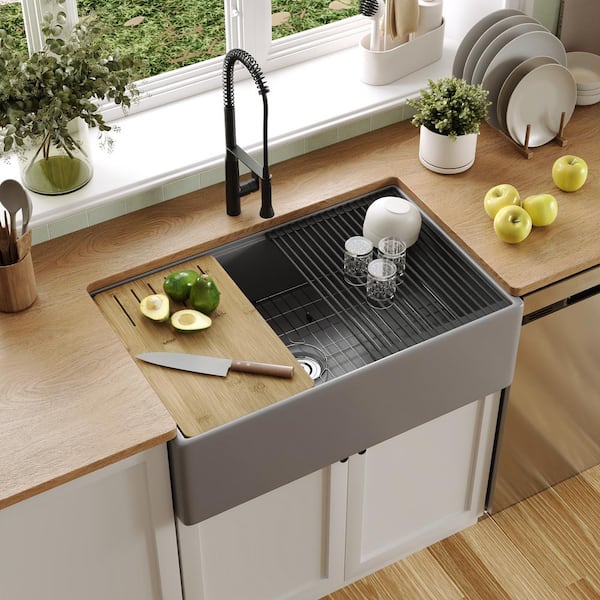 33 in. Fireclay Single Bowl Farmhouse Apron Undermount Workstation Kitchen Sink in Gray with Accessories