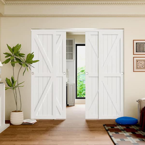 120 in. x 80 in. K-Shape MDF Sliding Door with Hardware Track Kit and Floor Guide& Handle, Pre-Drilled, White