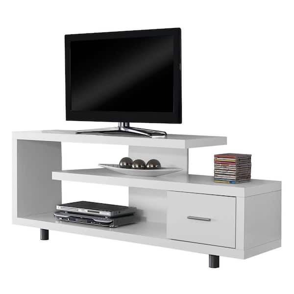 Monarch Specialties 60 in. Modern Art Deco Entertainment TV Stand w/Drawer, White