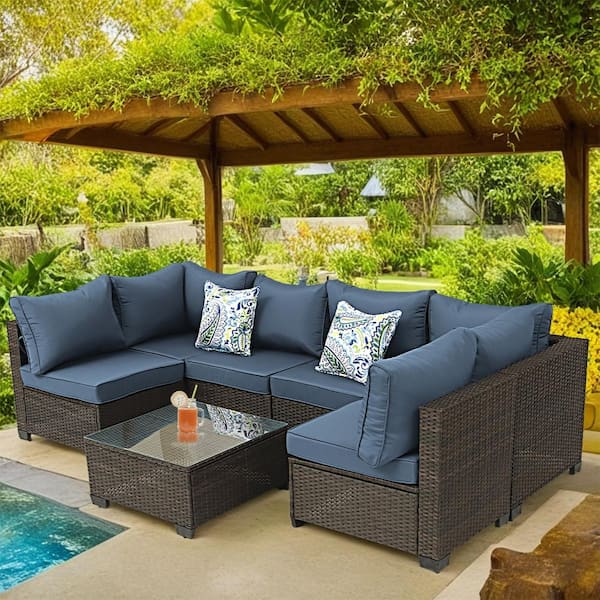 fiziti 7-Piece Wicker Outdoor Patio Conversation Furniture Seating Set with Dark Blue Cushions and Pillow