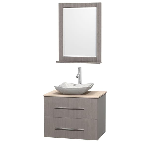 Wyndham Collection Centra 30 in. Vanity in Gray Oak with Marble Vanity Top in Ivory, Carrara White Marble Sink and 24 in. Mirror