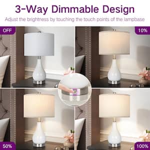 20 in. White Glossy Ceramics Bedside Table Lamp Set with Bulbs, Touch Control, USB Ports and Type-c Ports (Set of 2)