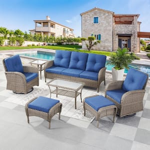 Carlos 7-Piece Gray Wicker Outdoor Sofa set Patio Conversation Set with Blue Olefin Cushions