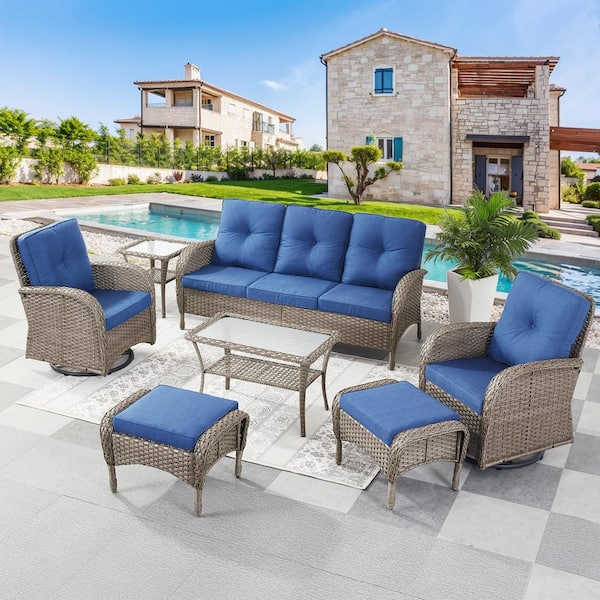 Gymojoy Carlos 7-Piece Gray Wicker Outdoor Sofa set Patio Conversation Set with Blue Olefin Cushions