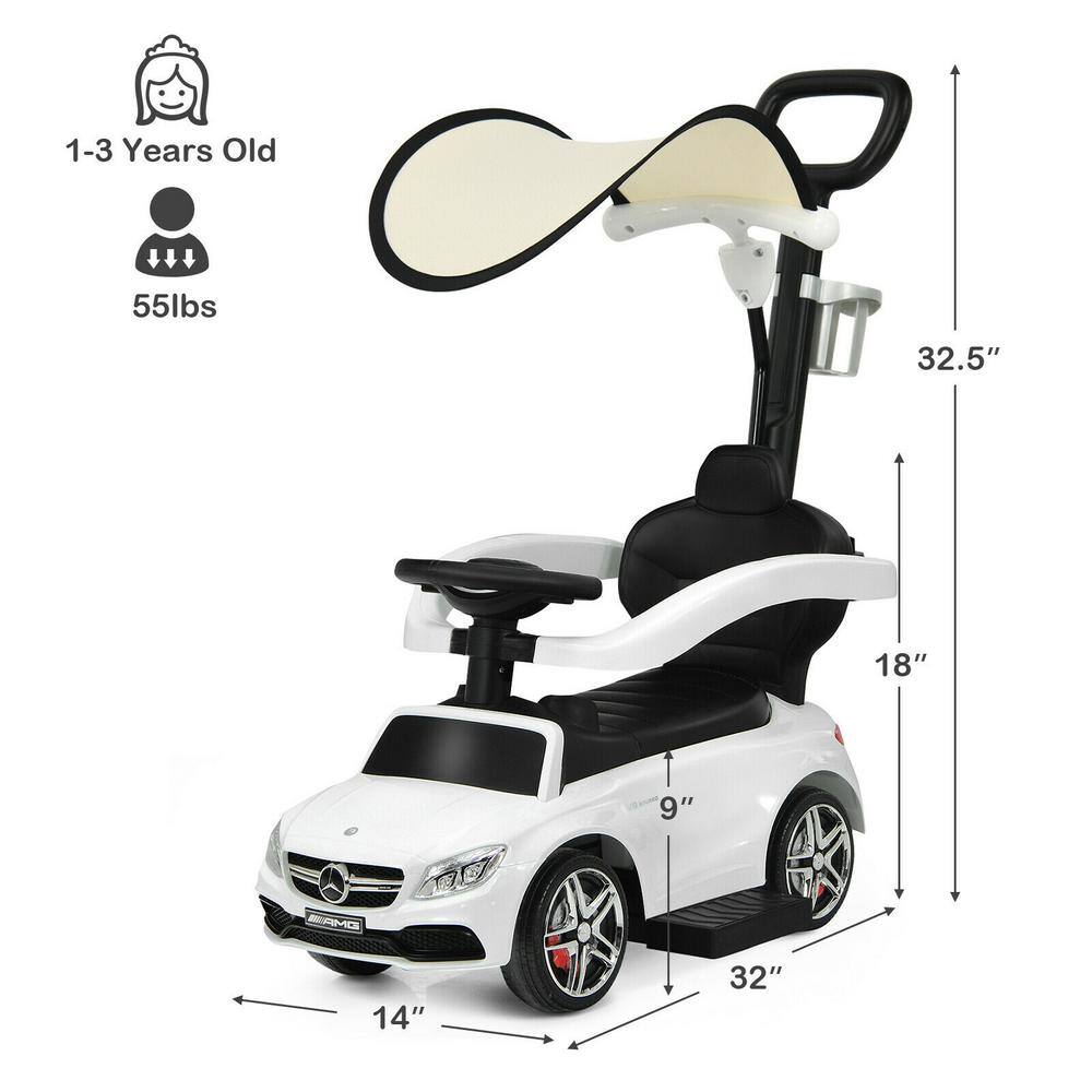 White Mercedes-Benz Licensed 3-in-1 Ride-On Push Car