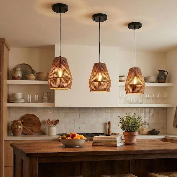 7 in. 1-Light Brown Rope Chandelier (3-Pack), Rustic Farmhouse Pendant Light, Adjustable for Kitchen Island Dining Room