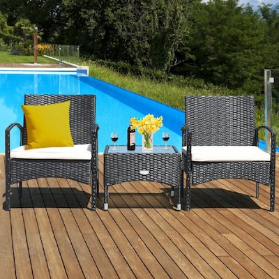 Black 3-Piece Rattan Wicker Patio Conversation Set Table and 2 Chair with Beige Cushions
