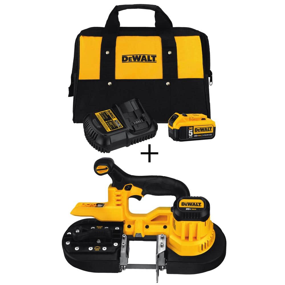 DEWALT 20V MAX Cordless Band Saw, (1) 20V MAX XR Premium Lithium-Ion 5.0Ah  Battery, Charger and Kit Bag DCB205CKW371B The Home Depot