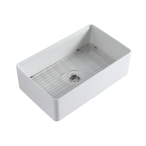 33 in. L x 20 in. W Farmhouse/Apron Front Single Bowl White Ceramic Kitchen Sink with Accessories