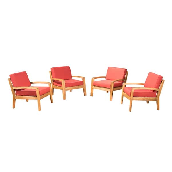 Grenada Teak Brown Removable Cushions Wood Outdoor Patio Lounge Chair with Red Cushions (4-Pack)
