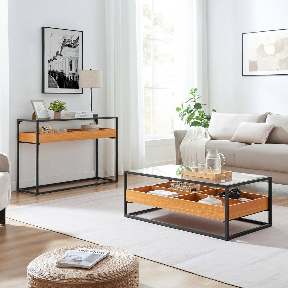 Golden Oak and Black Metal Console Table with Glass Top and Storage Shelf