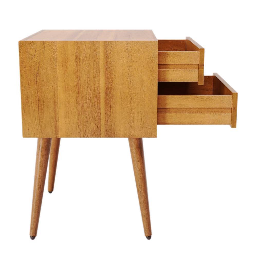 Natural Acacia Wood Mid-Century Modern 2-Drawer Nightstand