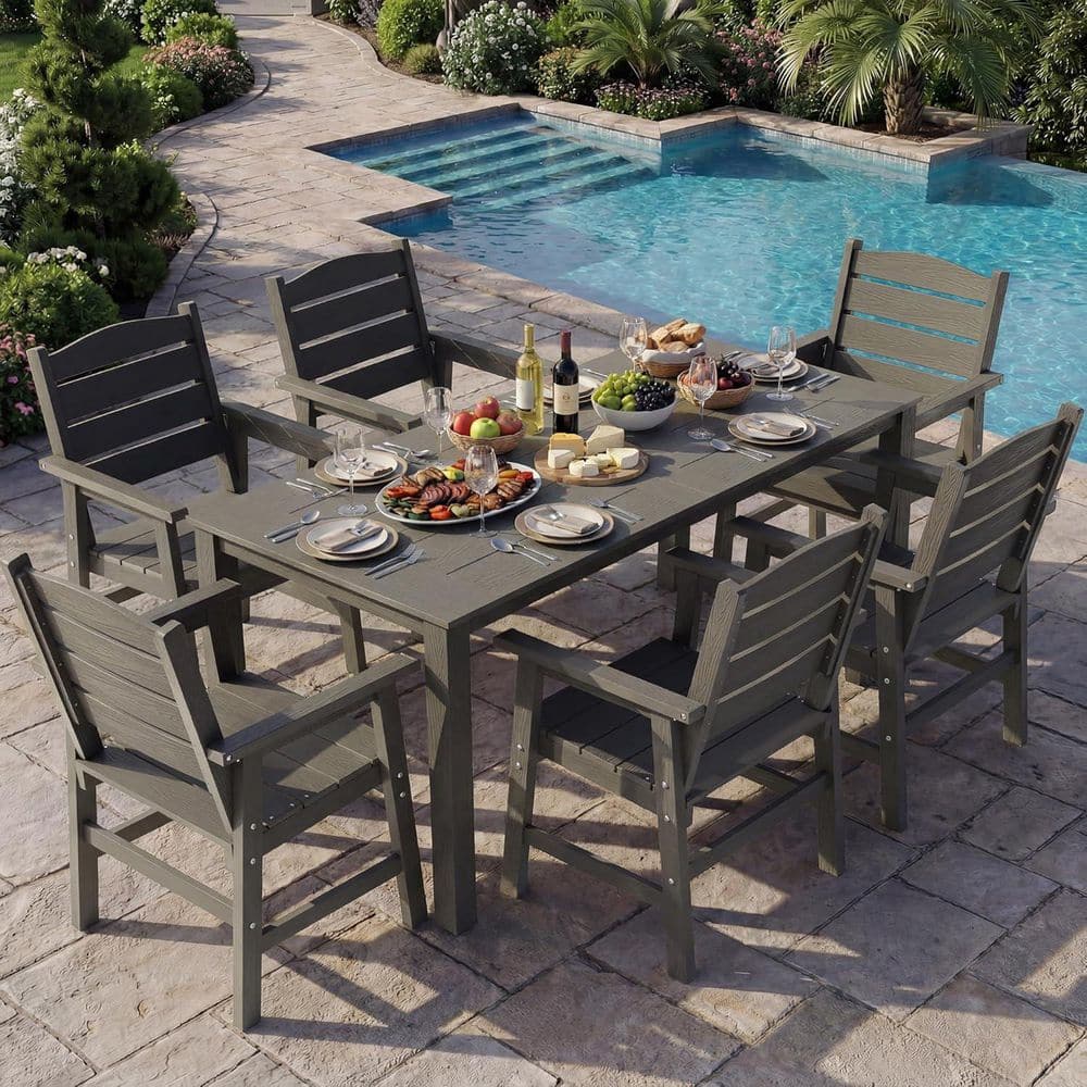 7-Piece Grey All-Weather Plastic Outdoor Patio Dining Set with 6 Chairs and Rectangular Table & Umbrella Hole price history on PriceWatchPro
