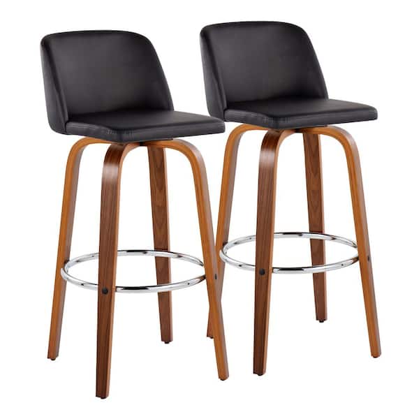 Lumisource Toriano 29.5 in. Black Faux Leather, Walnut Wood and Chrome Metal Fixed-Height Bar Stool (Set of 2)