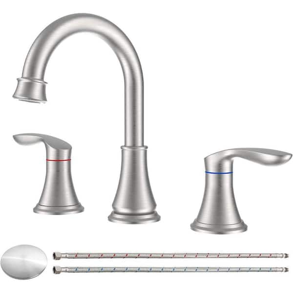 2-Handle 8 in. Widespread Brushed Nickel Bathroom Sink Faucet with 360° Swivel Spout and Pop-Up Drain