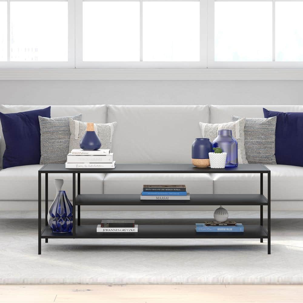Modern Rectangular 46'' Metal Coffee Table with Glass Shelves in Blackened Bronze