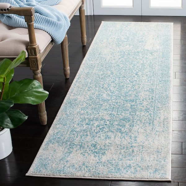 Evoke Ivory/Aqua  2 ft. x 11 ft. Distressed Border Medallion Runner Rug