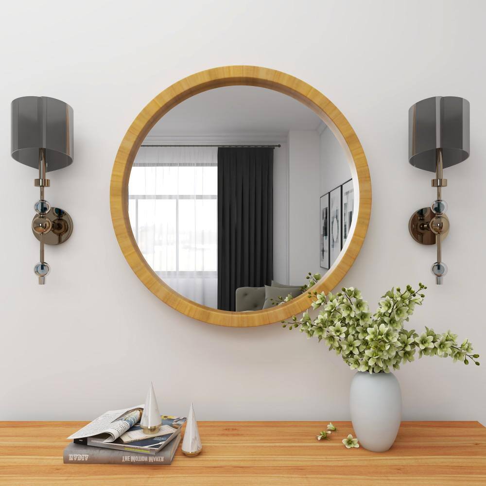 Natural Brown Round Wood Wall Mirror, 32"