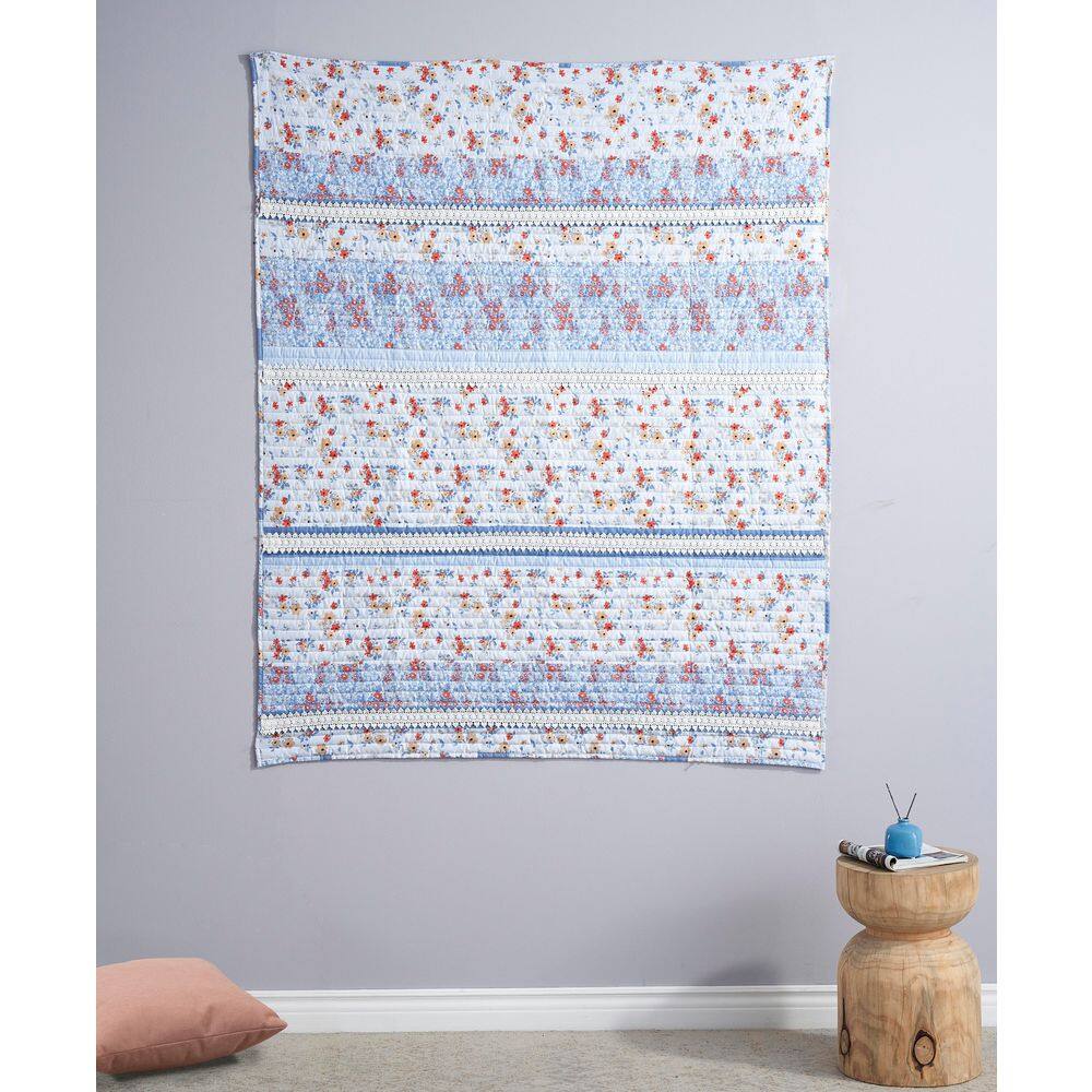 Light Blue Floral Lace Embellished Reversible Throw Blanket