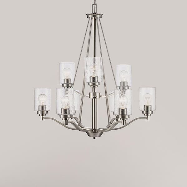 Bel Air Lighting Simi 9-Light Brushed Nickel Tiered Chandelier Light Fixture with Seeded Glass Shades