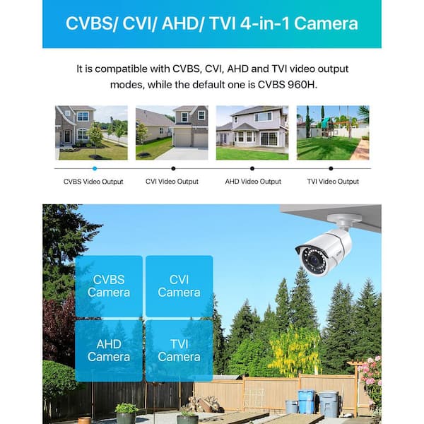 4 In 1 1080p Plug-in Outdoor/Indoor Bullet Security Camera Compatible for 1080p/720p TVI/CVI/AHD/CVBS DVR (2-Pack)