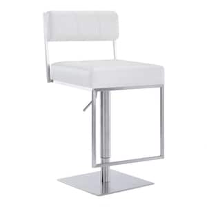 Blossom Contemporary Adjustable 35-44 in. Swivel Bar Stool in Brushed Stainless Steel and White Faux Leather